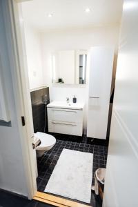 a bathroom with a white toilet and a sink at Apartment next to Ounasvaara and city centre in Rovaniemi +13 photos