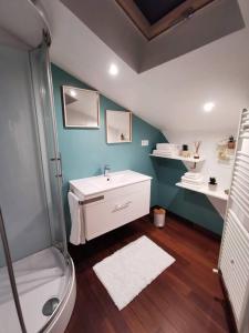 La salle de bains est pourvue d'un lavabo blanc et d'une douche. dans l'établissement Maison cosy - 10min Nantes, gare et aéroport, à Rezé