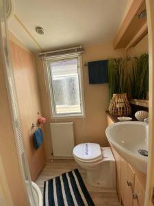 La petite salle de bains est pourvue de toilettes et d'un lavabo. dans l'établissement Houseboat Praha Marina 1, à Prague