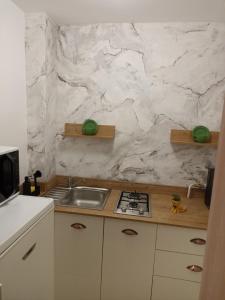 a kitchen with a sink and a marble wall at Ame Farmec in Cluj-Napoca