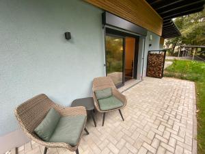 un patio con 2 sillas de mimbre y una almohada verde en Barrierefreies Ferienapartment A2 Villa Wilisch 55qm, en Amtsberg