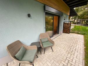 a patio with two wicker chairs and a green pillow at Barrierefreies Ferienapartment A2 Villa Wilisch 55qm in Amtsberg