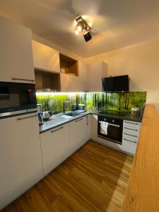 a kitchen with white appliances and a wooden floor at Barrierefreies Ferienapartment A2 Villa Wilisch 55qm in Amtsberg
