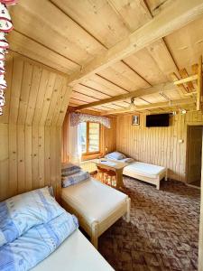 a room with three beds in a wooden room at Anna i Franciszek Żegleń Maćkulok in Male Ciche