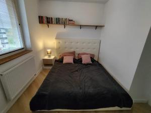 una camera da letto con un grande letto con due cuscini rosa di Kurze Gniazdo Kurzętnik a Kurzętnik