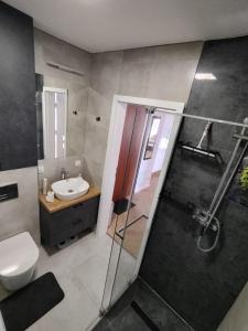 a bathroom with a shower and a toilet and a sink at Kurze Gniazdo Kurzętnik in Kurzętnik