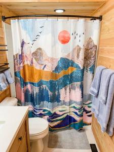 a bathroom with a shower curtain and a toilet at Mountain Top Chalet ~ Ski In Out ~ Fully Updated in Bessemer