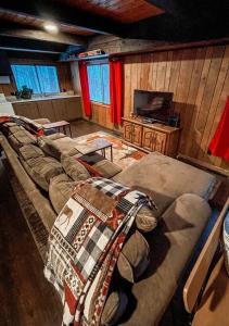 a living room with a couch and a television at Mountain Top Chalet ~ Ski In Out ~ Fully Updated in Bessemer