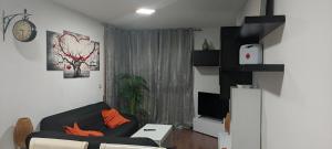 ein Wohnzimmer mit einem schwarzen Sofa und einem Baum in der Unterkunft Alojamiento Tierra del Ara in Boltaña