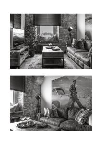 two pictures of a living room with a couch and a car at RWY Suite007 Luxury Signature Apartment with sea view in Plymouth