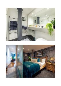 two pictures of a bedroom with a bed and a bathroom at RWY Suite007 Luxury Signature Apartment with sea view in Plymouth