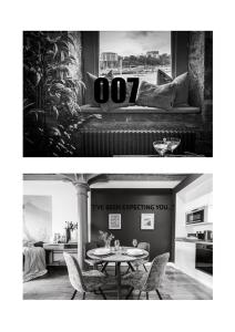 a black and white photo of a living room with a table at RWY Suite007 Luxury Signature Apartment with sea view in Plymouth