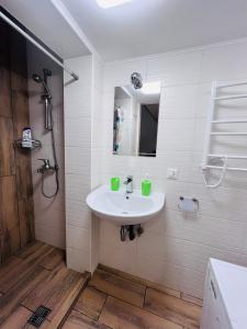 uma casa de banho com um lavatório branco e um espelho. em Апартаменты на Троицкой em Odessa