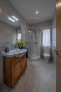 a bathroom with a shower and a sink and a toilet at Loyola Family&Friends in Loyola