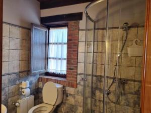 a bathroom with a toilet and a shower with a window at Casa Las Hortensias Naguar in Villanueva +42 photos