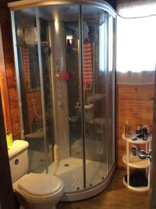 uma casa de banho com um chuveiro e um WC. em Beautiful Chalet In Bogota! em Bogotá