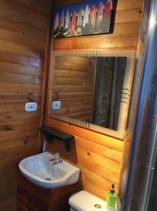 La salle de bains est pourvue d'un lavabo, de toilettes et d'un miroir. dans l'établissement Beautiful Chalet In Bogota!, à Bogotá