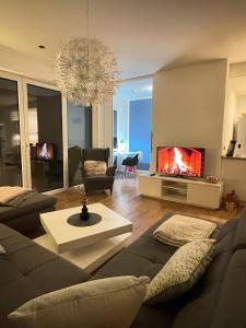 ein Wohnzimmer mit einem Sofa und einem TV in der Unterkunft Deluxe Apartment mit Stil und Carport Stellplatz in Oldenburg
