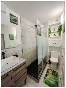 La salle de bains est pourvue d'une douche, de toilettes et d'un lavabo. dans l'établissement Escapade au golf de l’Odet, à Bénodet