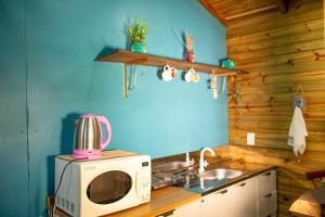 a kitchen with a microwave and a sink at cabanas Aconchego dos Canyons in Praia Grande