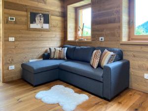 a blue couch in a room with wooden walls at Chalet La mia Baita in Pezzo