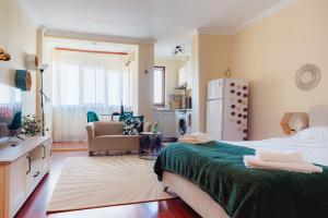 ブカレストにあるStudio @ Arena Națională Stadiumのベッドルーム1室(大型ベッド1台、緑の毛布付) +15枚の写真