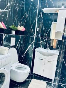 een badkamer met een wit toilet en een wastafel bij Stan na dan Kozarska Dubica in Bosanska Dubica