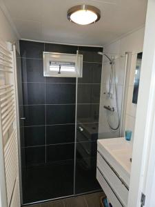 a bathroom with a shower and a sink and a glass shower at Chalet "Aan ut water" Elburg in Biddinghuizen