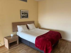 um quarto com uma cama com um cobertor vermelho em Lotf alquiler valencia em Burjasot