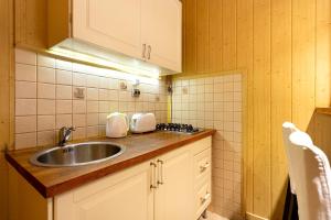 a kitchen with a sink and a counter at Rivercity South Buda Hills in Budapest +33 photos