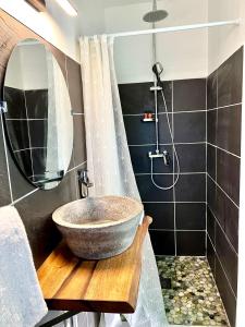 a bathroom with a stone sink and a shower at Villa KAZ A ZOT in Port-Louis