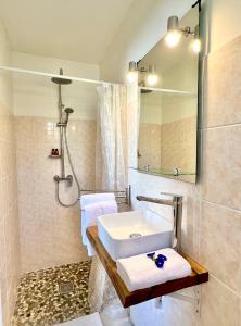a bathroom with a sink and a shower with a mirror at Villa KAZ A ZOT in Port-Louis
