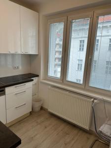 kuchnia z białymi szafkami, oknami i krzesłem w obiekcie Apartment opera w Wiedniu