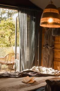 - une chambre avec un lit et une fenêtre avec une chaise dans l'établissement The Boatshed at Camp Plas, à Welshpool