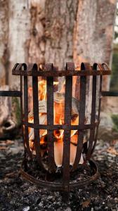 a fire pit in front of a tree at The Boatshed at Camp Plas in Welshpool