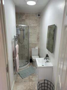 a bathroom with a shower and a sink and a toilet at Modern 4 Bed En-suite House in Leeds - Free parking in Headingley