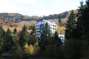 a tall building in the middle of a forest of trees at Apartament Góry i Potok in Porąbka