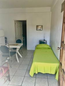una camera con letto verde e tavolo e sedie di Tamernique Apartments a DʼArbeau