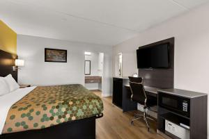 um quarto de hotel com uma cama, uma secretária e uma televisão em Econo Lodge White Pine Morristown I-81 & I-40 Split em White Pine