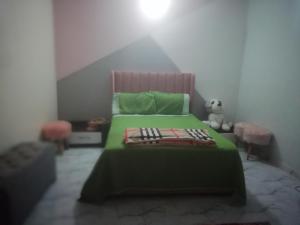 ein Schlafzimmer mit einem grünen Bett und einem Teddybär in der Unterkunft R&r in Skhirat