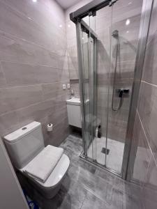 a bathroom with a white toilet and a shower at Piso Andorra in Andorra la Vella