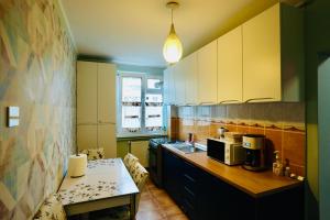 a kitchen with a counter and a table with a microwave at Central Park Apartments in Piatra Neamţ