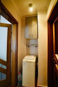 a small kitchen with a white refrigerator and cabinets at Central Park Apartments in Piatra Neamţ +21 photos
