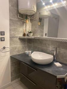 een badkamer met een wastafel en een spiegel bij Le Tamarinier in Sainte-Anne
