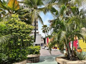 庫庫塔的住宿－彤茶拉酒店，一条种有棕榈树的城市街道和一座建筑