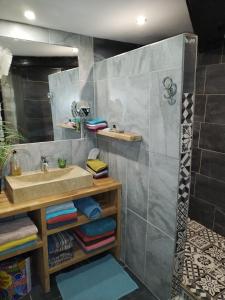 uma casa de banho com um lavatório e um espelho em Hostelry Music Repetition em Écully