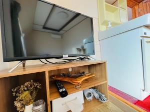 a flat screen tv on a wooden entertainment center at HOSTEL OE in Yoshinogawa