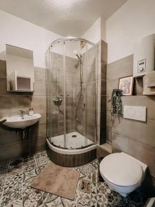 a bathroom with a shower and a toilet and a sink at Nachbar des Weltkulturerbes Zeche Zollverein! GE1R in Essen