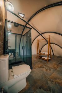 a bathroom with a toilet and a glass enclosure at SNAİL HOUSE SAPANCA in Sapanca