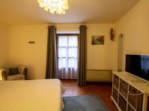 um quarto com uma cama, uma televisão e uma janela em Appartement Biron, 2 pièces, 2 personnes - FR-1-616-122 em Biron